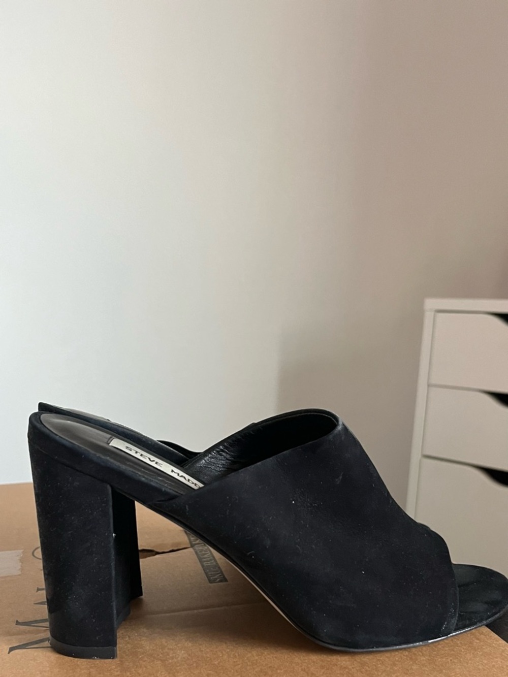 Steve Madden Black Suede Open-Peep Block Heel Mule